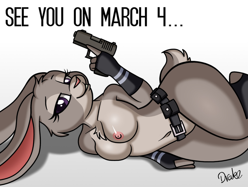 2015 anthro areola breasts chest_tuft clothing disney drako1997 english_text female fingerless_gloves fur gloves gun half-closed_eyes handgun judy_hopps lagomorph looking_at_viewer lying mammal navel nipples on_side pistol purple_eyes rabbit ranged_weapon simple_background solo text tuft weapon white_background wide_hips zootopia