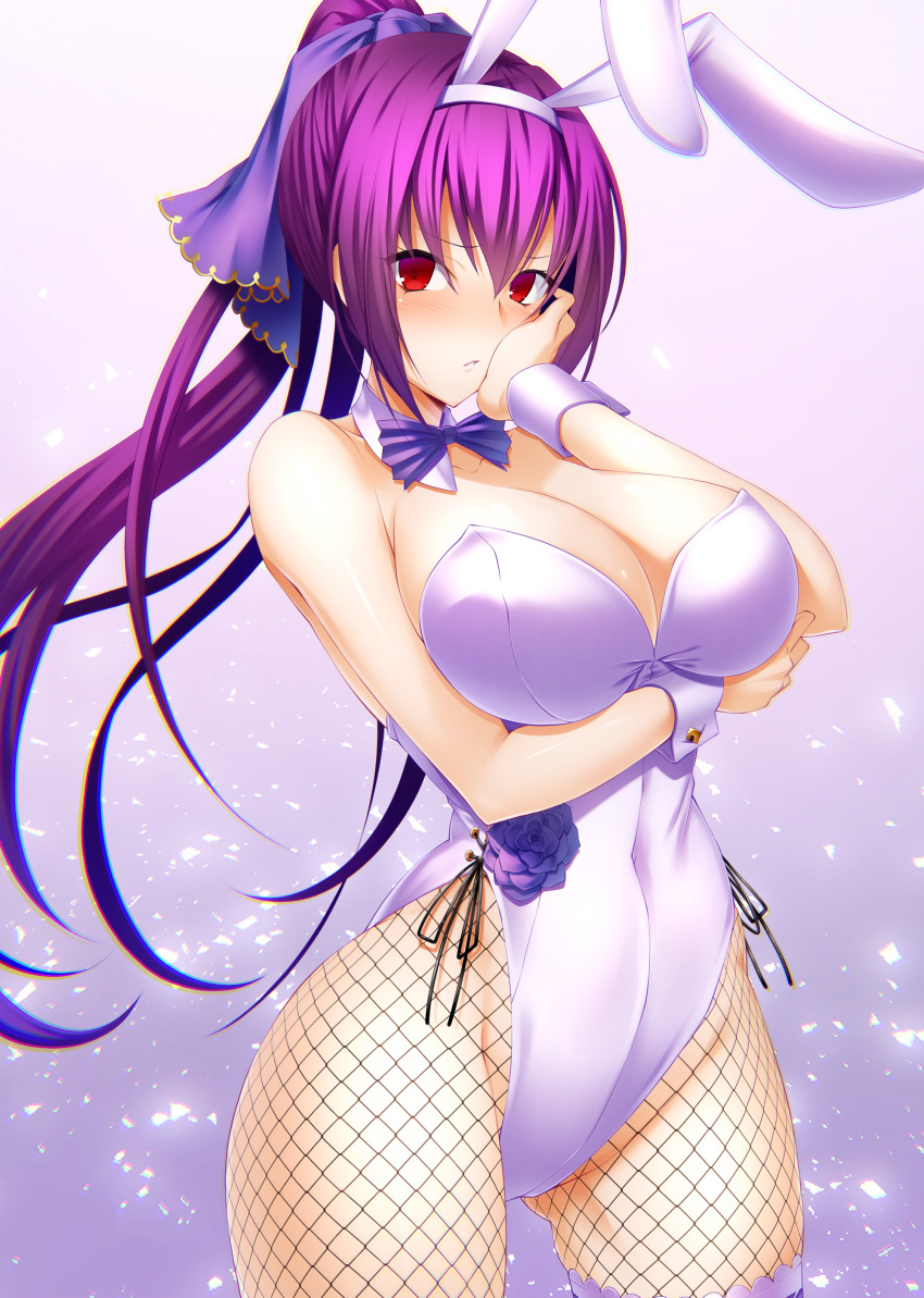 absurdres animal_ears arm_under_breasts bangs bare_shoulders blush bow bowtie breast_hold breasts bunny_ears bunnysuit cleavage closed_mouth commentary_request detached_collar emanon123 fate/grand_order fate_(series) fishnet_pantyhose fishnets flower gradient gradient_background hair_between_eyes hair_ribbon hand_on_own_cheek highleg highleg_leotard highres hips large_breasts leotard long_hair looking_at_viewer pantyhose ponytail purple_flower purple_hair purple_neckwear purple_ribbon purple_rose red_eyes ribbon rose scathach_(fate)_(all) scathach_skadi_(fate/grand_order) solo thighs white_leotard wrist_cuffs