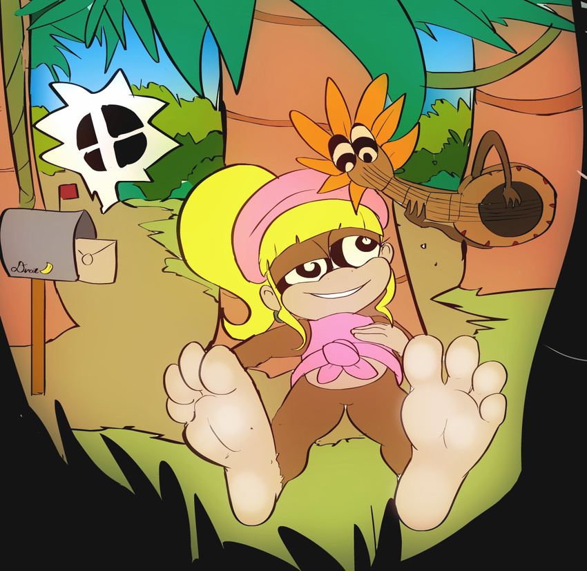 4_toes barefoot blonde_hair dixie_kong donkey_kong_(series) duo female hair hat hypnosis jungle logo long_hair lying mammal mind_control monkey musical_instrument nintendo on_back ponytail primate smile soles super_smash_bros toes video_games vines zuneycat