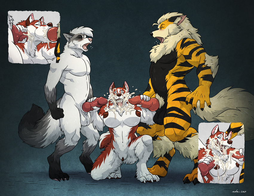 2015 anthro arcanine athletic balls bella_(gasaraki2007) biceps big_breasts black_fur black_nose blue_eyes breasts canine chest_tuft claws close-up cum cum_in_mouth cum_inside cum_on_chest cum_on_face cum_on_penis cumshot dog double_handjob dripping ecstasy erection eyes_closed fangs fellatio female fist fluffy_tail fox fur grasp grey_fur group group_sex hand_on_penis handjob interspecies jace_(character) knot leaking looking_at_viewer male male/female mammal messy muscular muscular_male neck_tuft nintendo nipples nude open_mouth oral orange_fur orgasm orgasm_face panting pecs penis pink_nose pointy_ears pok&eacute;mon pok&eacute;philia pubes pussy red_fur red_nipples saliva sex smile standing stripes threesome toe_claws tongue tongue_out tuft video_games wfa white_fur