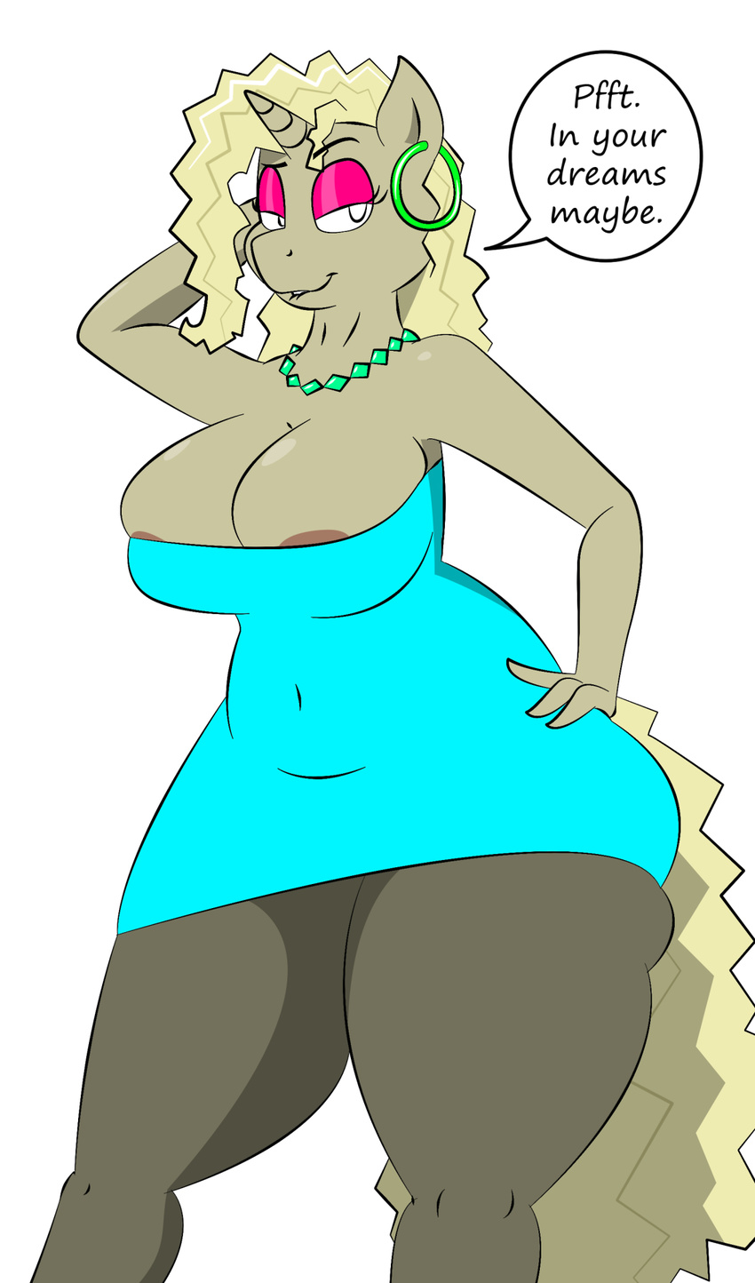americananomaly_(artist) anthro badonkadonk big_breasts big_butt blonde_hair breasts butt chubby chubby_legs clothed clothing ear_piercing english_text equine fan_character female fur hair horn huge_breasts huge_butt long_hair looking_at_viewer mammal my_little_pony open_mouth piercing sauer_kraut_(character) sexy_pose simple_background smile solo teeth text thick_thighs unicorn voluptuous wide_hips