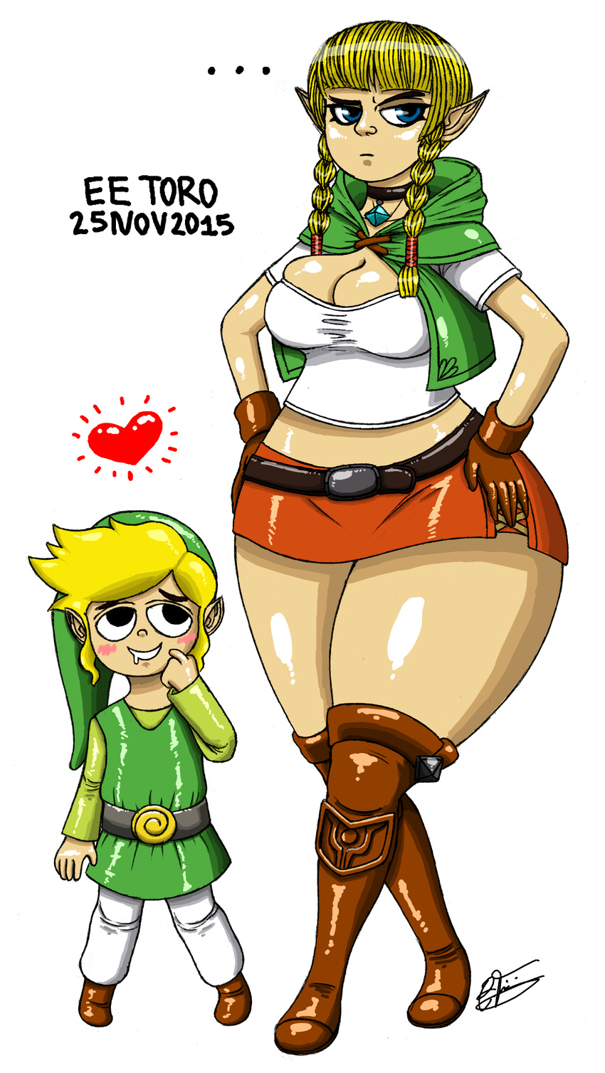 &lt;3 belt big_thighs blonde_hair blush boots cleavage cloak clothed clothing diamond drooling eetoro_(artist) ellipses footwear front_view gem hair hat human link linkle_(character) lookbacktofour_(artist) mammal mantle nintendo not_furry pointy_ears saliva signature simple_background size_difference skirt standing the_legend_of_zelda video_games white_background wide_hips