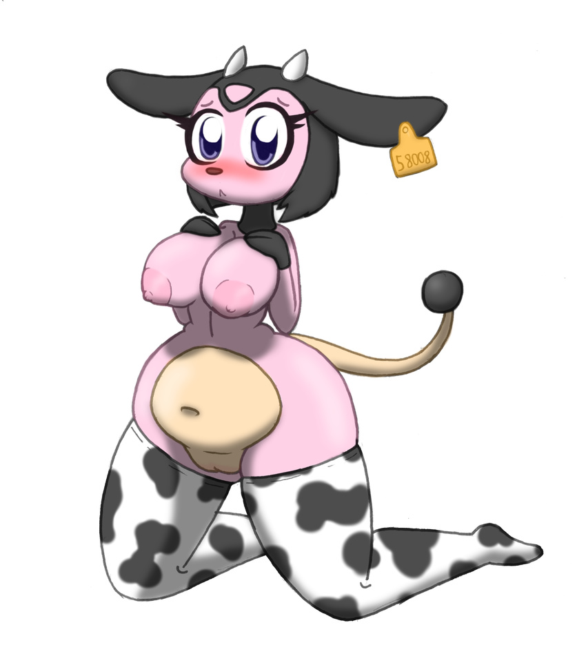 anthro big_breats bit-small bovine breasts cattle chubby clothing cow_print ear_tag female hair hand_on_chest kneeling legwear mammal miltank nintendo nipples nude overweight pok&eacute;mon pussy short_hair simple_background socks solo stockings tag video_games wide_hips