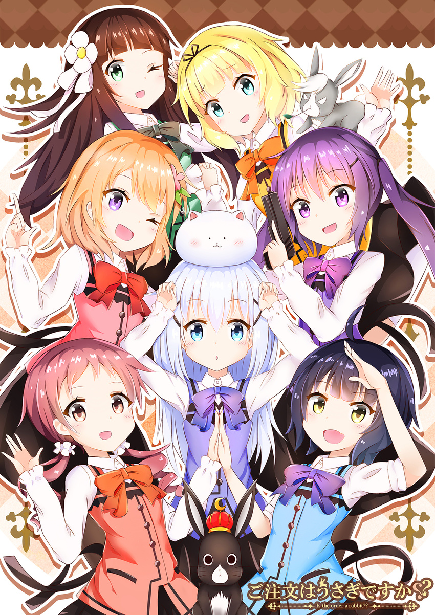 :d ;d alternate_costume anko_(gochiusa) blush brown_hair bunny everyone gochuumon_wa_usagi_desu_ka? highres hoto_cocoa jouga_maya kafuu_chino kirima_sharo looking_at_viewer matching_outfit multiple_girls natsu_megumi one_eye_closed open_mouth rabbit_house_uniform smile sylphine tedeza_rize tippy_(gochiusa) ujimatsu_chiya waitress wild_geese