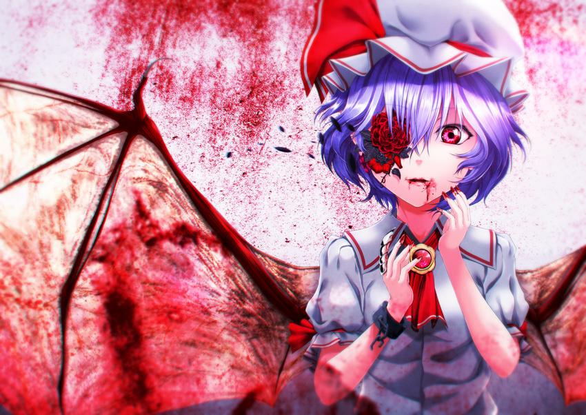 aono_meri bad_id bad_pixiv_id bangs bat_wings blood blood_in_mouth blood_on_face bloody_wings bow broken broken_chain brooch chain claws cuffs flower flower_eyepatch frills hat hat_ribbon jewelry mob_cap nail_polish neckerchief parted_lips petals puffy_short_sleeves puffy_sleeves purple_hair red_bow red_eyes red_flower red_nails red_ribbon remilia_scarlet ribbon shackles short_hair short_sleeves solo touhou upper_body wings