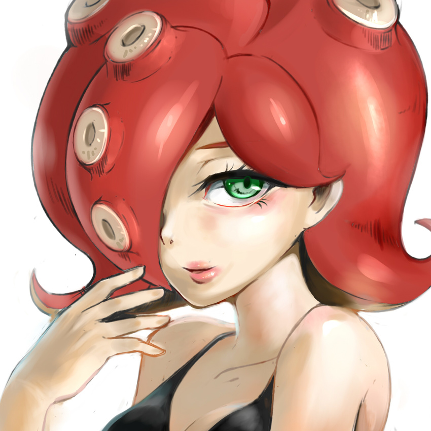 bare_shoulders green_eyes hair_over_one_eye highres kanzaka_sae lips looking_at_viewer mask mask_removed octarian octoling red_hair simple_background smile solo splatoon_(series) splatoon_1 tank_top tentacle_hair tentacles white_background