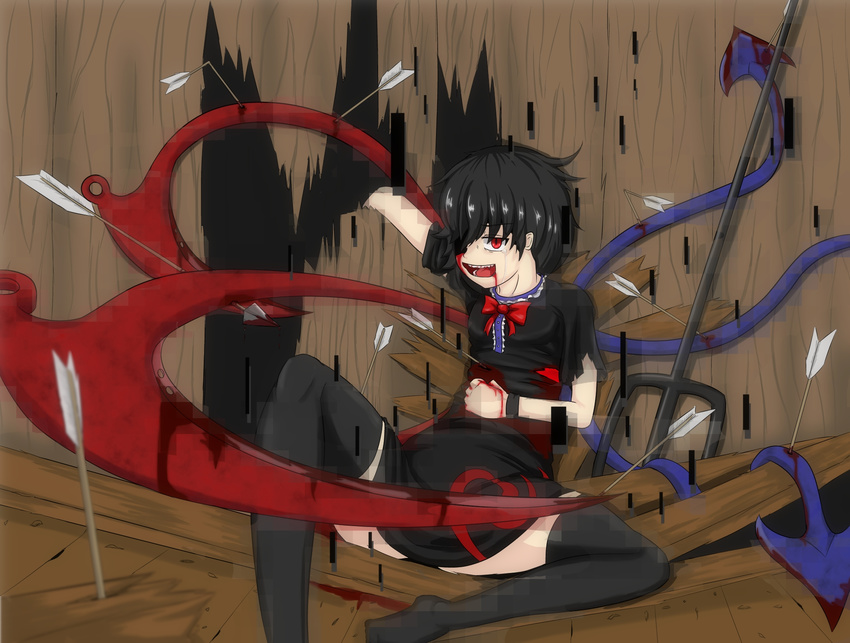 arrow arrow_in_body asymmetrical_wings bad_id bad_pixiv_id black_hair blood blood_from_mouth dress epic_armageddon highres houjuu_nue injury pixelated polearm red_eyes short_hair solo thighhighs touhou trident weapon wings