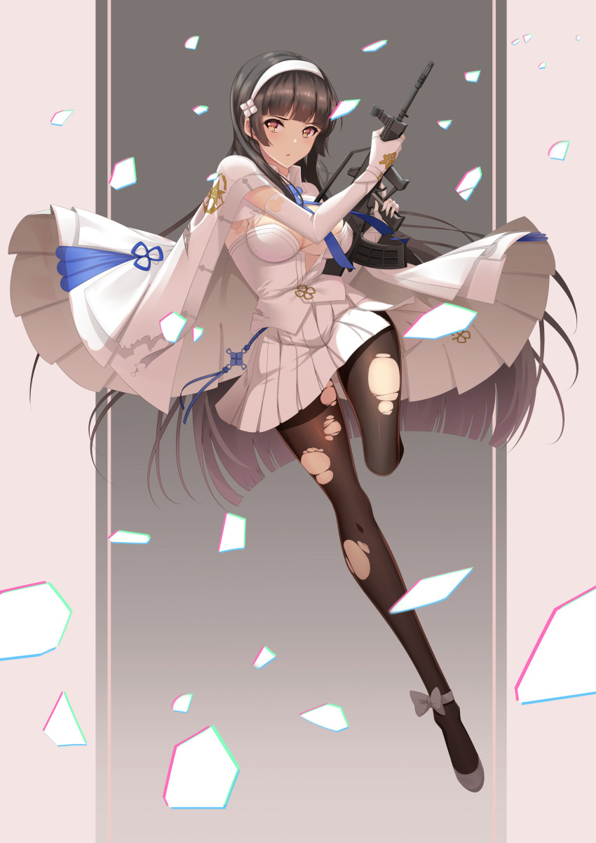 absurdres ankle_bow ankle_ribbon assault_rifle bangs black_hair black_legwear blunt_bangs border bow breasts brown_background bullpup cape chromatic_aberration closed_mouth commentary_request eyebrows_visible_through_hair flower full_body girls_frontline gloves gun hair_flower hair_ornament hairband highres holding holding_gun holding_weapon koyaya large_breasts long_hair pantyhose pink_border qbz-95 qbz-95_(girls_frontline) ribbon rifle running shards shirt skirt solo tassel torn_clothes torn_legwear very_long_hair weapon white_footwear white_gloves white_hairband white_shirt white_skirt yellow_eyes