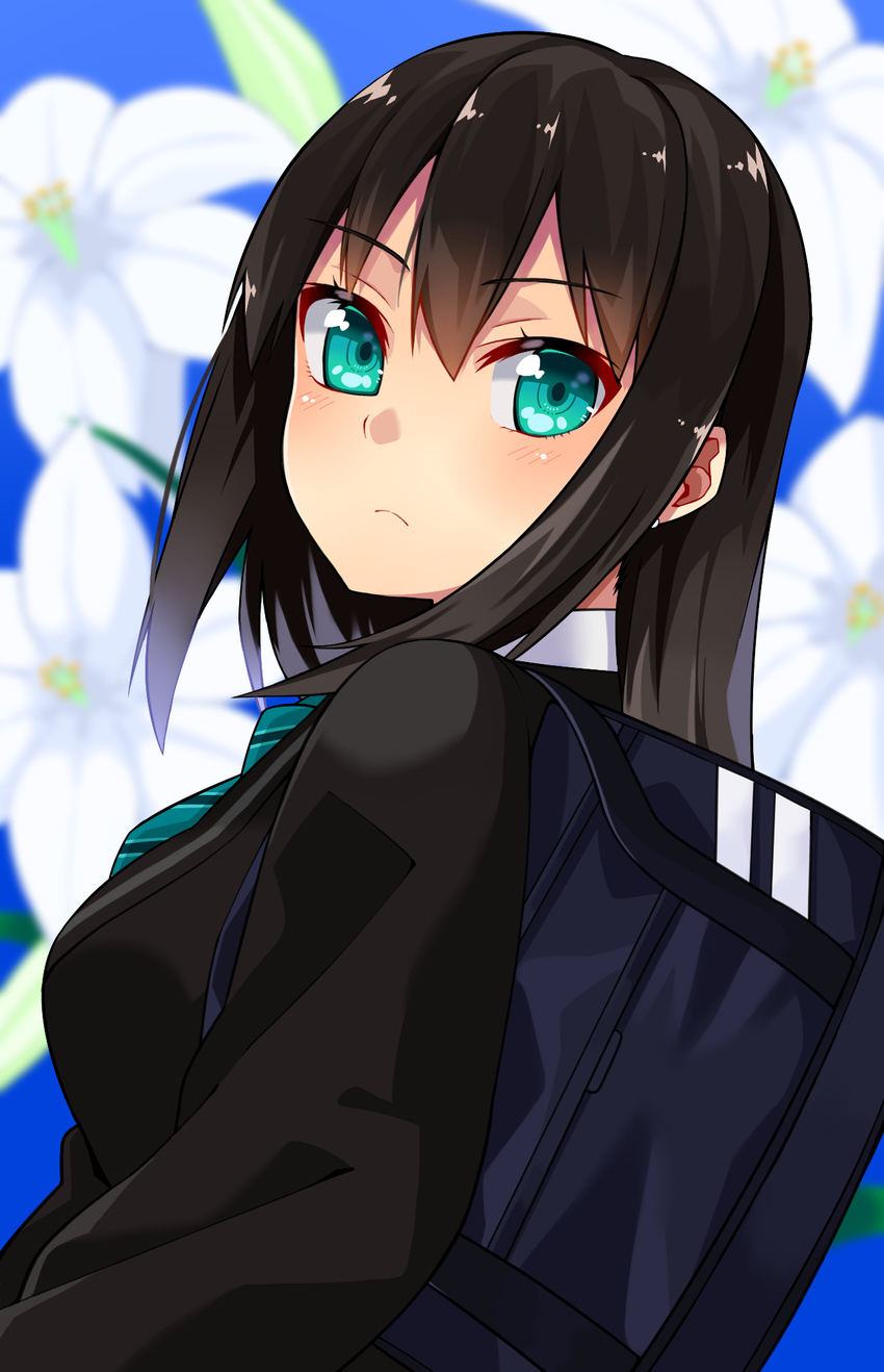 bad_id bad_pixiv_id bag blush brown_hair cardigan earrings floral_background flower gomashi_(goma) green_eyes highres idolmaster idolmaster_cinderella_girls jewelry lily_(flower) long_hair looking_at_viewer necktie school_bag school_uniform shibuya_rin solo