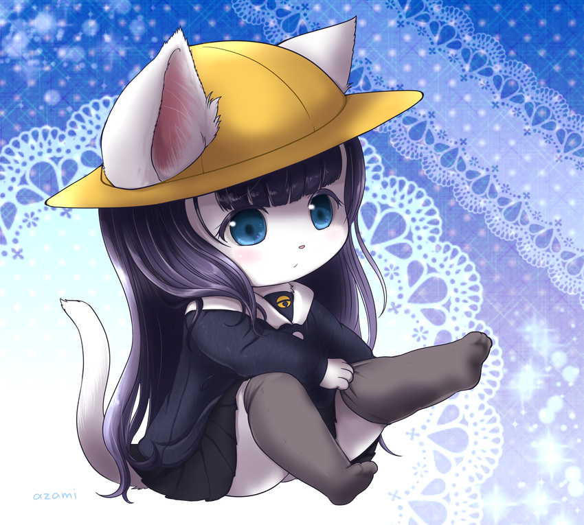 animal_ears bad_id bad_pixiv_id black_hair black_legwear blue_eyes cat_ears dressing furry hat highres long_hair original school_hat school_uniform serafuku shirt sitting skirt solo tail thighhighs togeshiro_azami very_long_hair