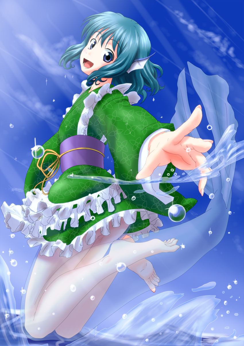 animal_ears barefoot blue_eyes blue_hair blush feet head_fins highres japanese_clothes kimono long_sleeves looking_at_viewer mermaid monster_girl obi open_mouth sachishiro_pengin sash short_hair smile solo splashing touhou wakasagihime water_drop wide_sleeves