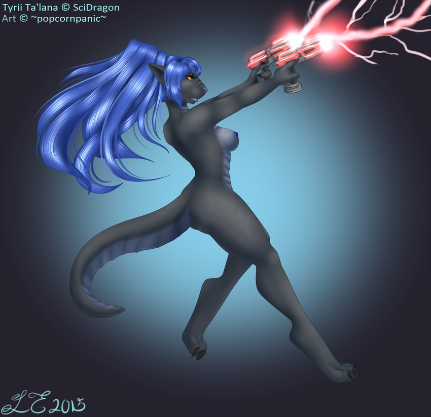 2015 anthro black_scales blue_background blue_hair breasts claws female gun hair lizard nipples nude popcornpanic ranged_weapon reptile scales scalie simple_background solo space toe_claws weapon