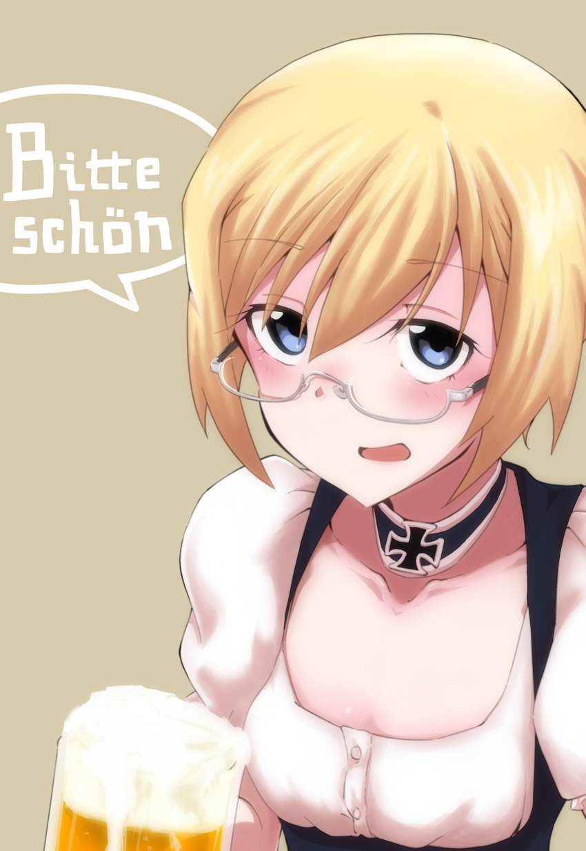 absurdres alcohol beer blonde_hair blue_eyes dirndl german german_clothes glasses highres iron_cross looking_at_viewer nasubi4499 open_mouth short_hair solo strike_witches translated ursula_hartmann world_witches_series