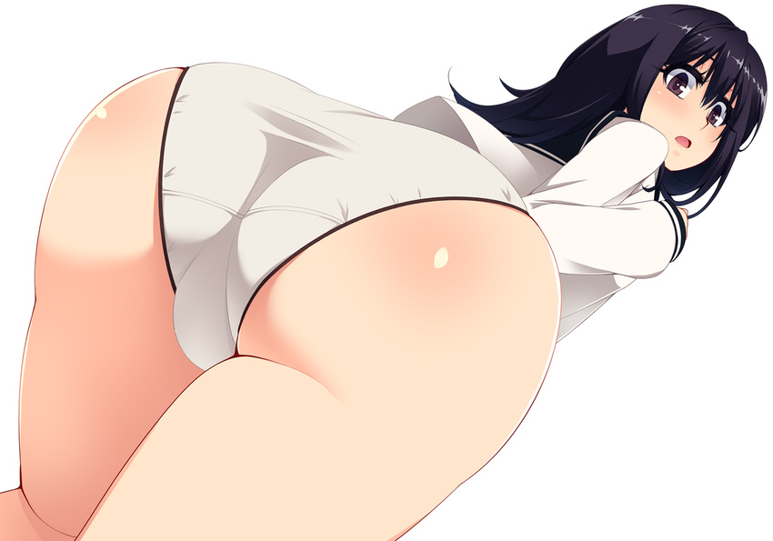 ass black_eyes black_hair curvy dutch_angle from_behind hair_between_eyes hands_on_own_chest hayashi_custom long_hair looking_at_viewer no_pants open_mouth original panties school_uniform serafuku solo thighs underwear white_panties