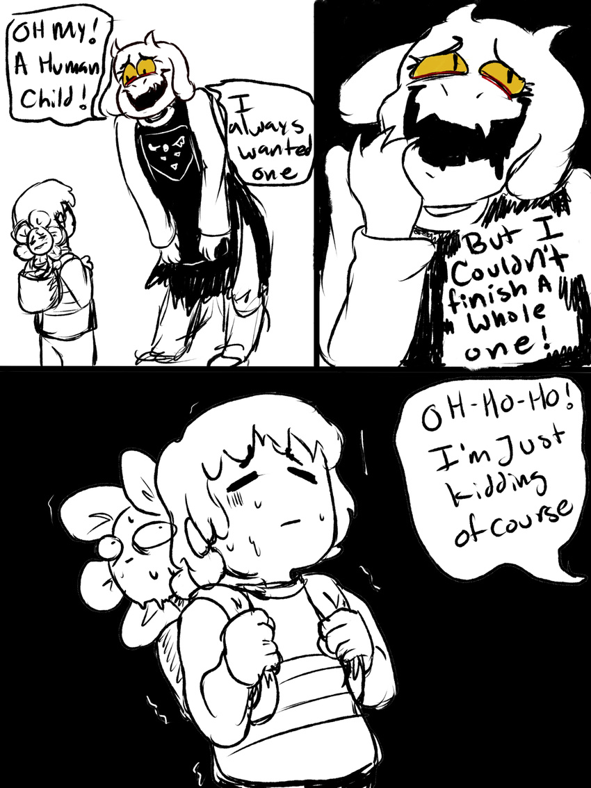 backpack black_background clothing comic dialogue english_text flora_fauna flowey_the_flower frisk irizzle joking nervous plant red_eyeshadow shaking simple_background smile sweat text toriel torn_clothing underfell undertale video_games white_background yellow_sclera