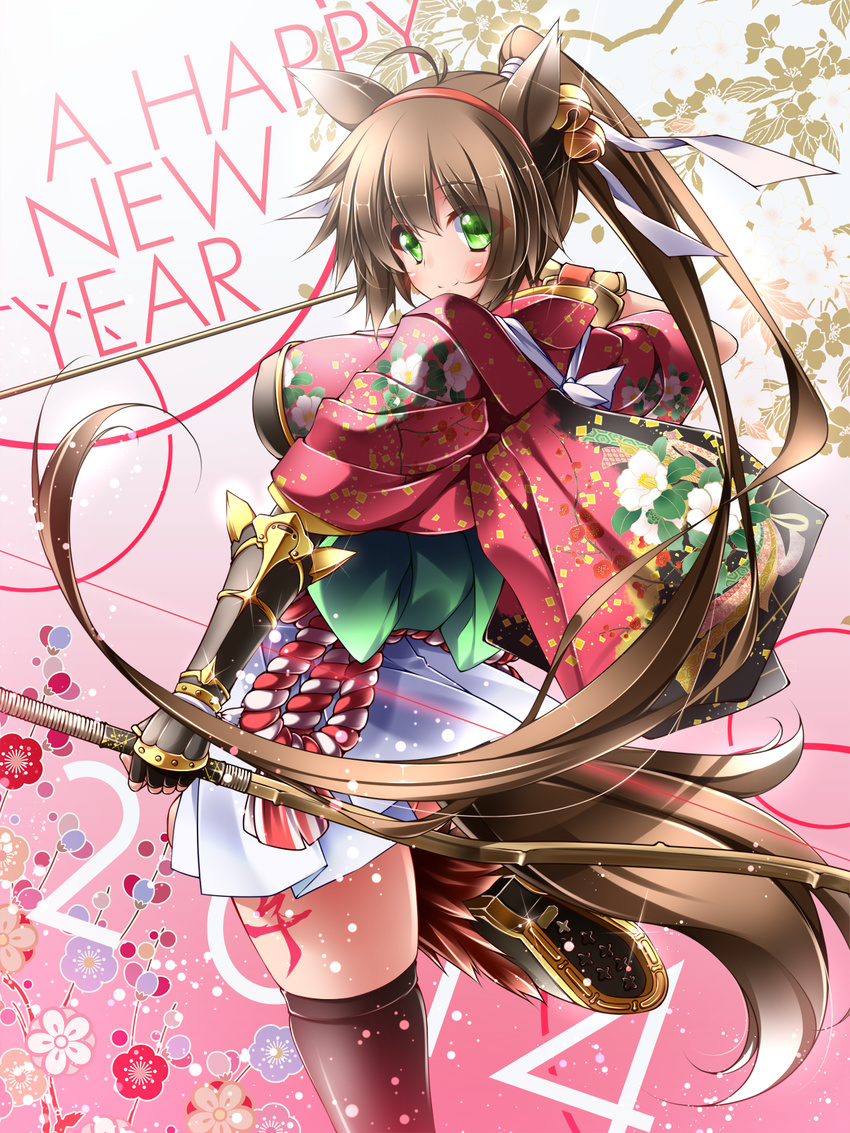 2014 animal_ears blush bow_(weapon) breasts brown_hair chinese_zodiac gold_trim green_eyes happy_new_year highres horse_ears horse_girl horse_tail large_breasts long_hair looking_at_viewer midoriiro_no_shinzou new_year original ponytail smile solo tail weapon year_of_the_horse