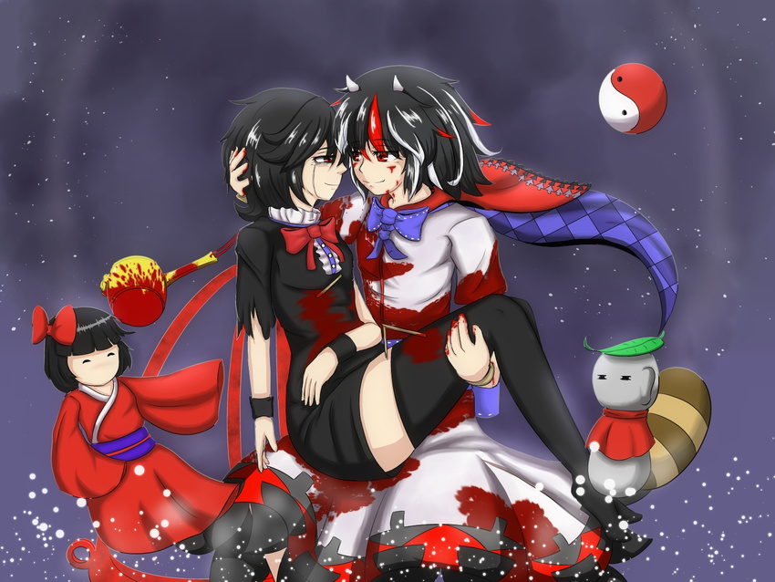 asymmetrical_wings bad_id bad_pixiv_id black_hair blood blood_on_face bloody_clothes bloody_weapon carrying doll dress epic_armageddon horns houjuu_nue injury jizou kijin_seija miracle_mallet multicolored_hair multiple_girls nimble_fabric princess_carry red_eyes red_hair short_hair tears touhou weapon white_hair wings