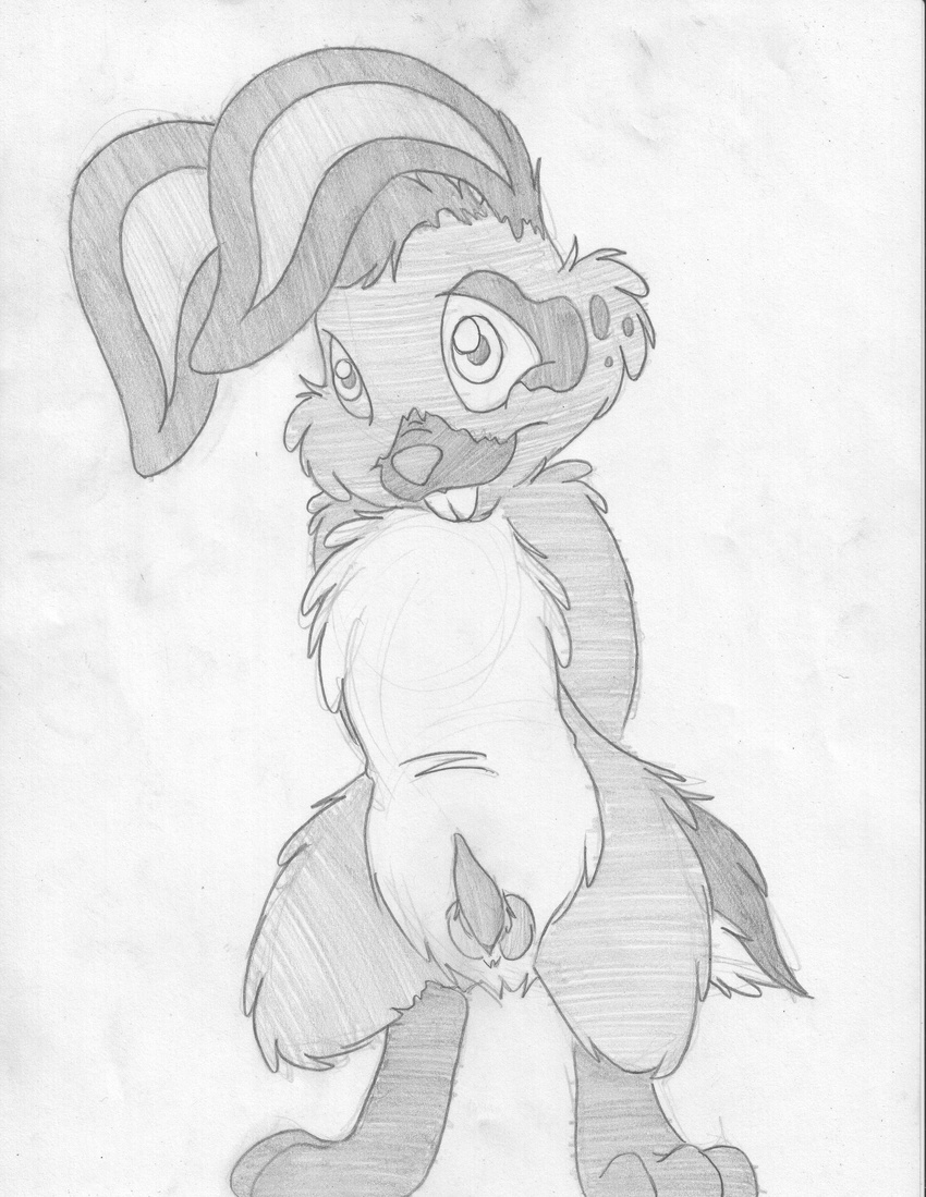 anatomically_correct balls buckteeth digitigrade erection front_view greyscale hands_behind_back lagomorph male mammal mizzyam monochrome nude pencil_(artwork) penis rabbit semi-anthro smile solo spotted_bunny standing tapering_penis teeth traditional_media_(artwork)