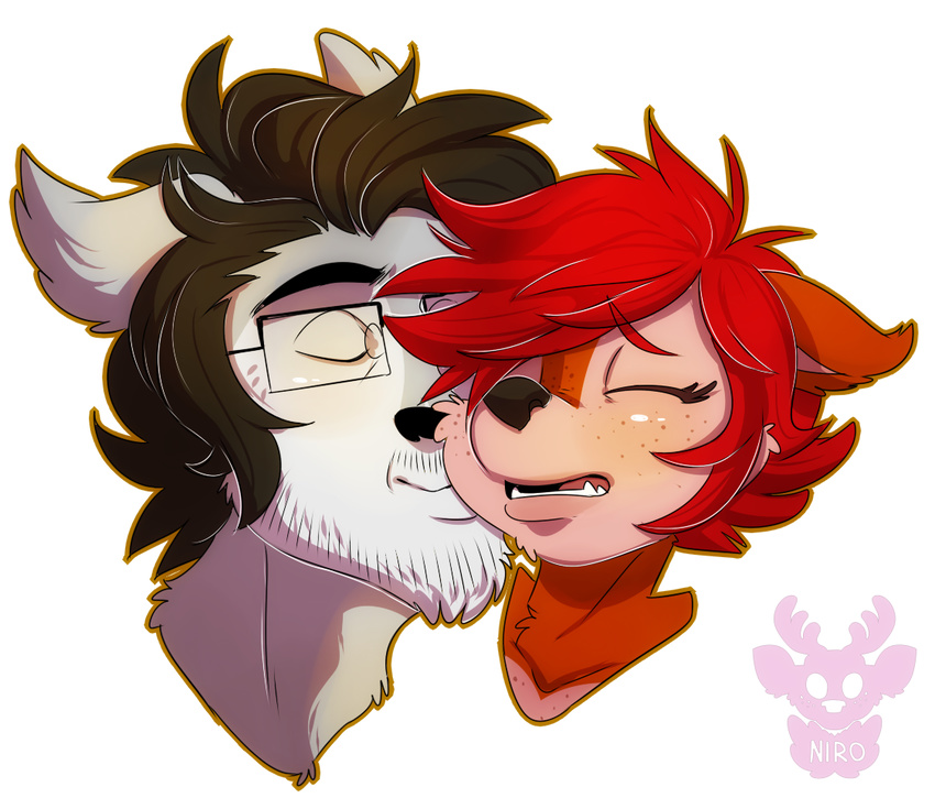 anthro black_hair blush cute discordmelody duo eyes_closed eyewear female freckles fur glasses grey_fur hair jasmine_ivory kissing male mammal markisquirrel open_mouth red_hair rodent simple_background squirrel tan_fur watermark white_background xnirox