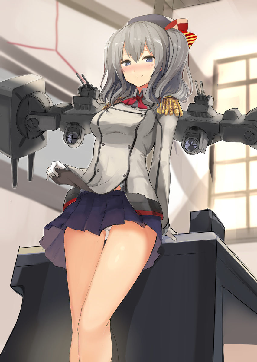 bangs beret blue_skirt cannon closed_mouth double-breasted epaulettes eyebrows eyebrows_visible_through_hair from_below gloves grey_eyes grey_hair haik hair_between_eyes hat highres indoors kantai_collection kashima_(kantai_collection) lifted_by_self long_hair long_sleeves looking_at_viewer military military_uniform miniskirt panties pantyshot pantyshot_(standing) pleated_skirt searchlight shirt_lift sketch skirt smile solo standing striped table thigh_gap turret underwear uniform upskirt wavy_hair weapon white_gloves white_panties window