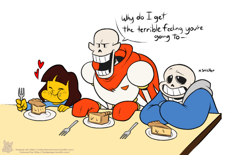 &lt;3 2015 bone crumbs food fork frisk monochrome papyrus_(undertale) pie redrockuniverse sans_(undertale) skeleton smile undertale video_games