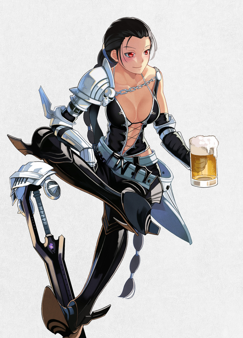 alcohol armor armored_boots beek beer beer_mug black_hair blush boots breasts chain cleavage collarbone cup drunk helmet highres holding holding_cup long_hair mabinogi mabinogi_heroes medium_breasts red_eyes shoulder_armor solo spaulders sword very_long_hair weapon