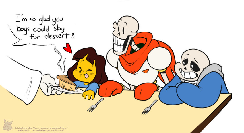 &lt;3 2015 anthro bone cape clothing female food fork frisk male papyrus_(undertale) pie redrockuniverse sans_(undertale) skeleton smile undertale video_games young