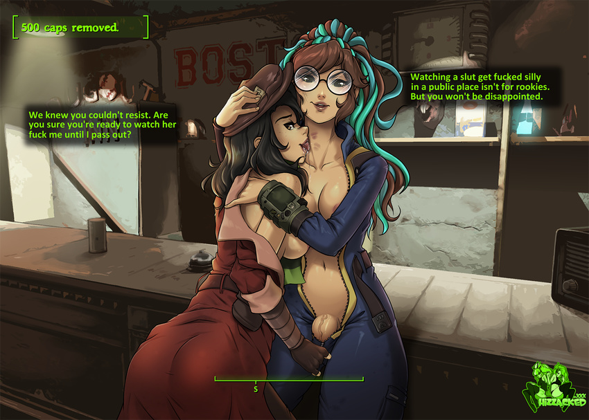 black_hair breasts brown_eyes brown_hair english fake_screenshot fallout fallout_4 fingerless_gloves futa_with_female futanari glasses gloves hizzacked hizzy_(hizzacked) jumpsuit large_breasts licking long_hair medium_breasts multicolored_hair multiple_girls nipples open_clothes original penis pip_boy piper_wright scarf short_hair two-tone_hair undressing vault_dweller vault_suit