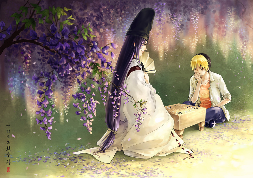 black_hair blonde_hair board_game fan flower folding_fan from_side fujiwara_no_sai go hand_to_own_mouth hat hikaru_no_go indian_style japanese_clothes long_hair low-tied_long_hair lujialing male_focus multicolored_hair multiple_boys playing_games purple_hair ribbon-trimmed_sleeves ribbon_trim shindou_hikaru sitting smile tate_eboshi tree two-tone_hair very_long_hair wisteria