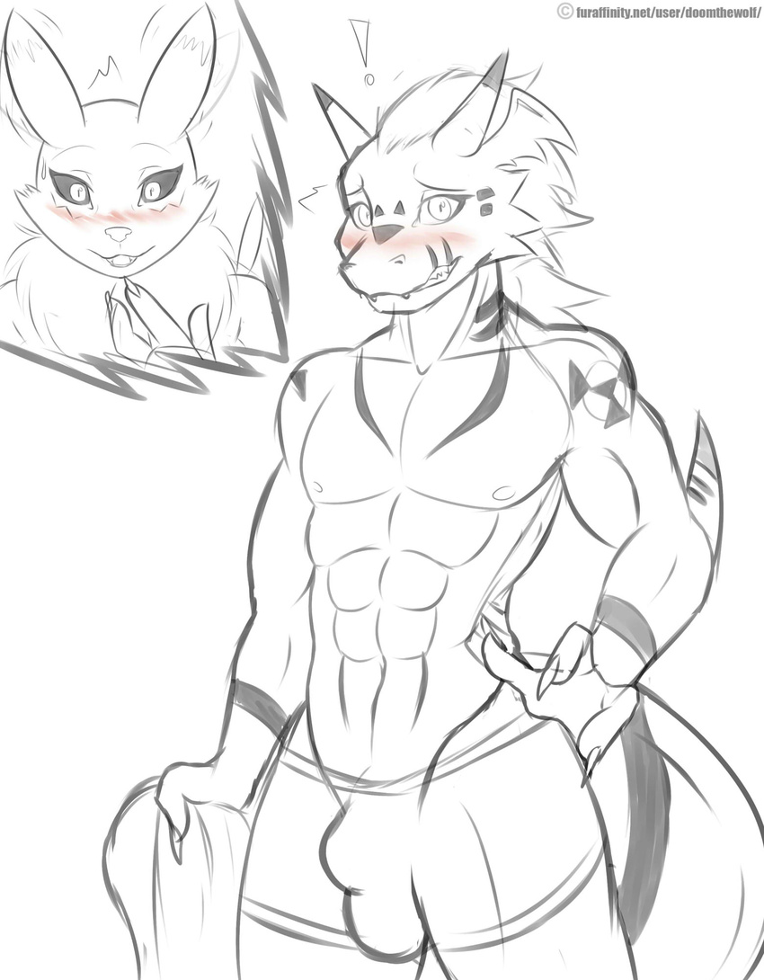 ! 2015 ambiguous_gender anthro anthrofied black_sclera blush bulge canine claws clothed clothing digimon doomthewolf dragon english_text fox fur growlmon hair half-dressed hi_res male mammal markings monochrome muscular nude open_mouth renamon scales scalie simple_background slit_pupils smile teeth text tongue topless towel tuft underwear white_background