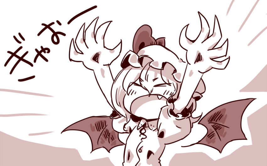 bat_wings chibi fangs fingernails hat monochrome remilia_scarlet roaring sharp_fingernails solo sonson_(eleven) touhou wings