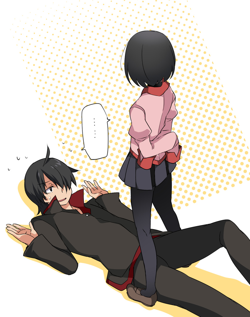 1boy 1girl araragi_koyomi black_hair black_legwear couple hammer_(sunset_beach) hetero highres implied_pantyshot juliet_sleeves long_sleeves lying monogatari_(series) on_ground oshino_ougi pants pantyhose puffy_sleeves school_uniform shirt short_hair skirt sleeves_past_wrists standing