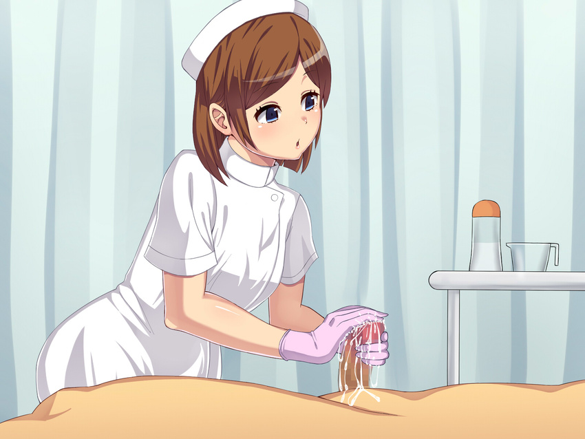 1girl blue_eyes brown_hair censored clothed_female_nude_male cum cum_on_self from_side glansjob gloves handjob hat hetero highres mosaic_censoring motion_blur natsumyun nude nurse nurse_cap open_mouth original penis purple_gloves rubber_gloves solo_focus