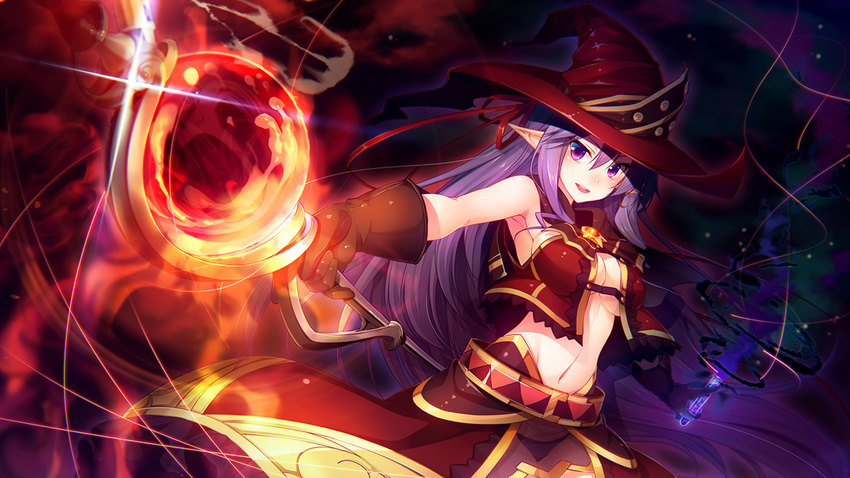 belt breasts game_cg groin hat holding holding_weapon long_hair magic medium_breasts midriff navel open_mouth potion purple_eyes purple_hair rozea_(graphmelt) shannon_fiszer sleeveless smile solo staff tou_no_shita_no_exercitus underboob weapon witch witch_hat