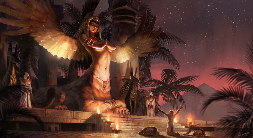 5boys absurdres anklet anubis black_hair chaosheng_zhe claws crossed_arms dusk earrings egypt egyptian egyptian_clothes fire highres jewelry kneeling long_hair looking_down multiple_boys navel original outstretched_arms palm_tree paws pillar priest pyramid red_eyes sphinx star statue tree wings