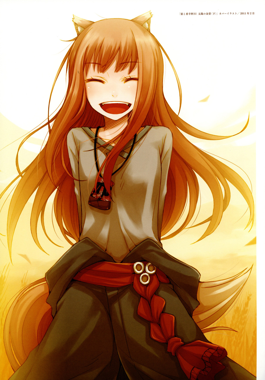 absurdres animal_ears ayakura_juu brown_hair closed_eyes highres holo long_hair official_art open_mouth solo spice_and_wolf tail wolf_ears wolf_tail