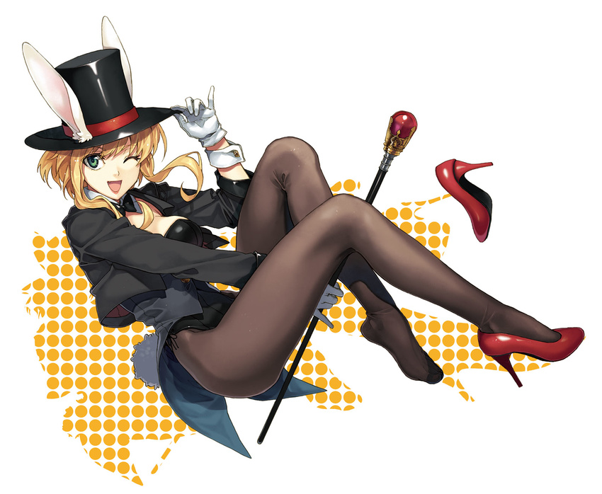 ;d animal_ears bangs black_bow black_hat black_jacket black_legwear black_leotard black_neckwear bow bowtie breasts bunny_ears bunny_girl bunny_tail bunnysuit cane cropped_jacket detached_collar fake_animal_ears fang feet from_side full_body gloves green_eyes hand_on_headwear hat hat_ribbon hat_tip high_heels highres holding jacket leotard lipstick long_sleeves looking_at_viewer luna_(reclaimed_land) makeup medium_breasts no_shoes one_eye_closed open_mouth original pantyhose pinky_out polka_dot red_footwear red_ribbon ribbon shoes shoes_removed short_hair_with_long_locks side-tie_leotard single_shoe smile solo tail top_hat underbust white_gloves wrist_cuffs