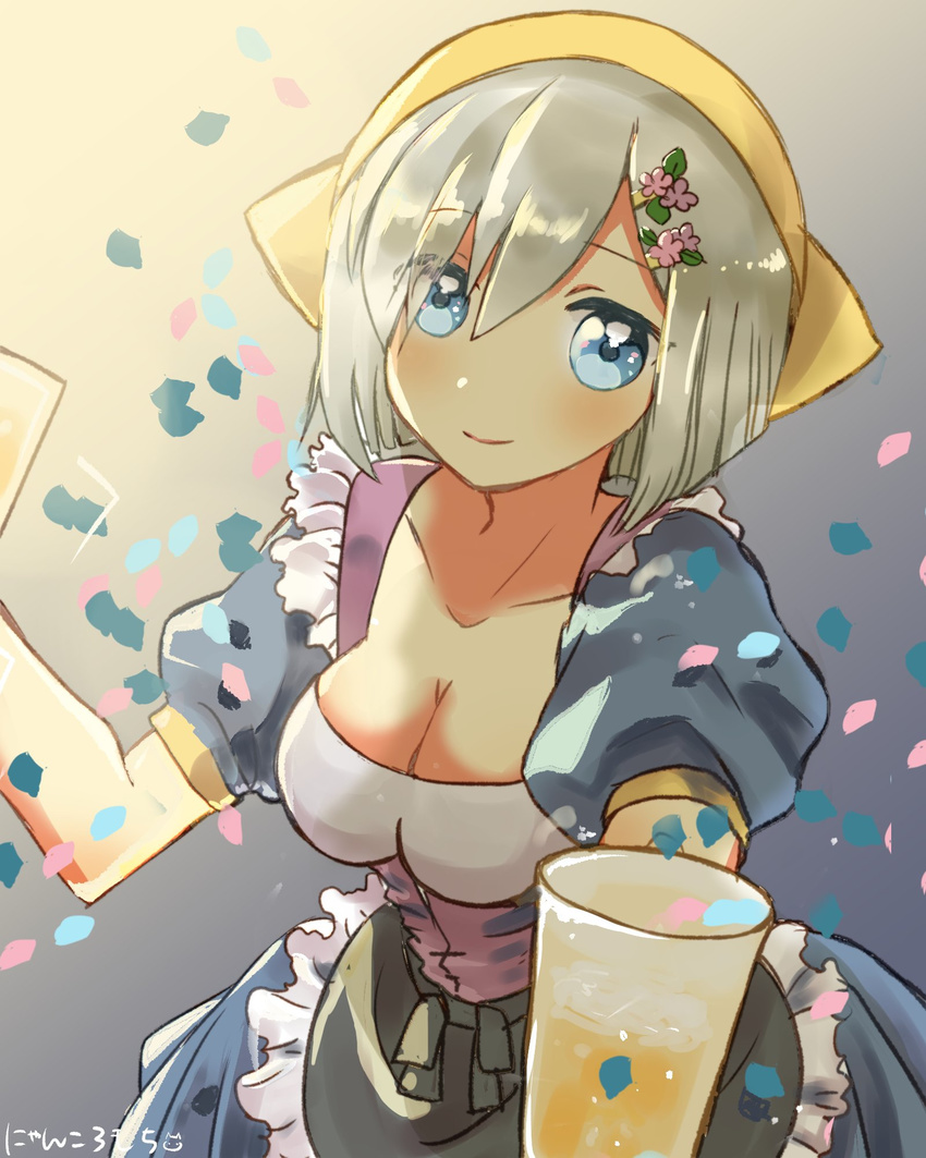 alcohol alternate_costume beer beer_mug blue_eyes breasts cleavage commentary_request cup dirndl frills german_clothes hair_ornament hair_over_one_eye hairclip hamakaze_(kantai_collection) highres holding holding_cup kantai_collection large_breasts looking_at_viewer misacho_(misa1001) oktoberfest puffy_short_sleeves puffy_sleeves short_hair short_sleeves silver_hair smile solo tenugui