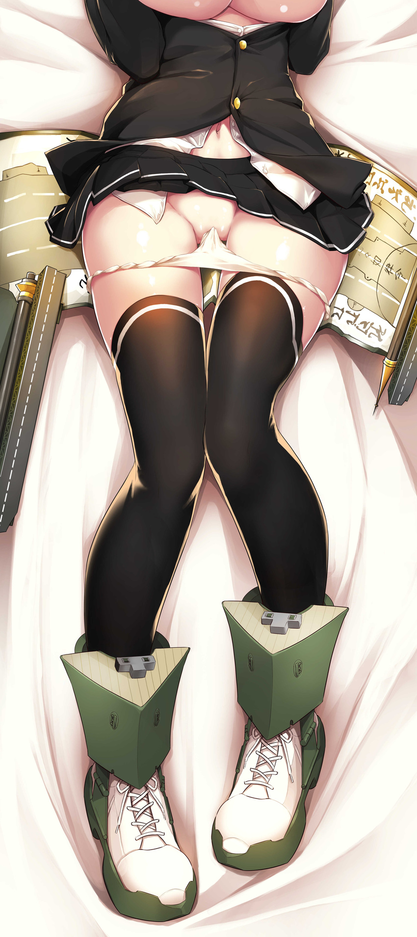 absurdres akitsu_maru_(kantai_collection) ankle_boots black_legwear black_skirt boots breasts buttons groin highres jacket kantai_collection large_breasts lying navel on_back open_clothes open_jacket ouma_tokiichi panties panty_pull pleated_skirt remodel_(kantai_collection) siddham skirt skirt_lift solo thighhighs underboob underwear white_panties