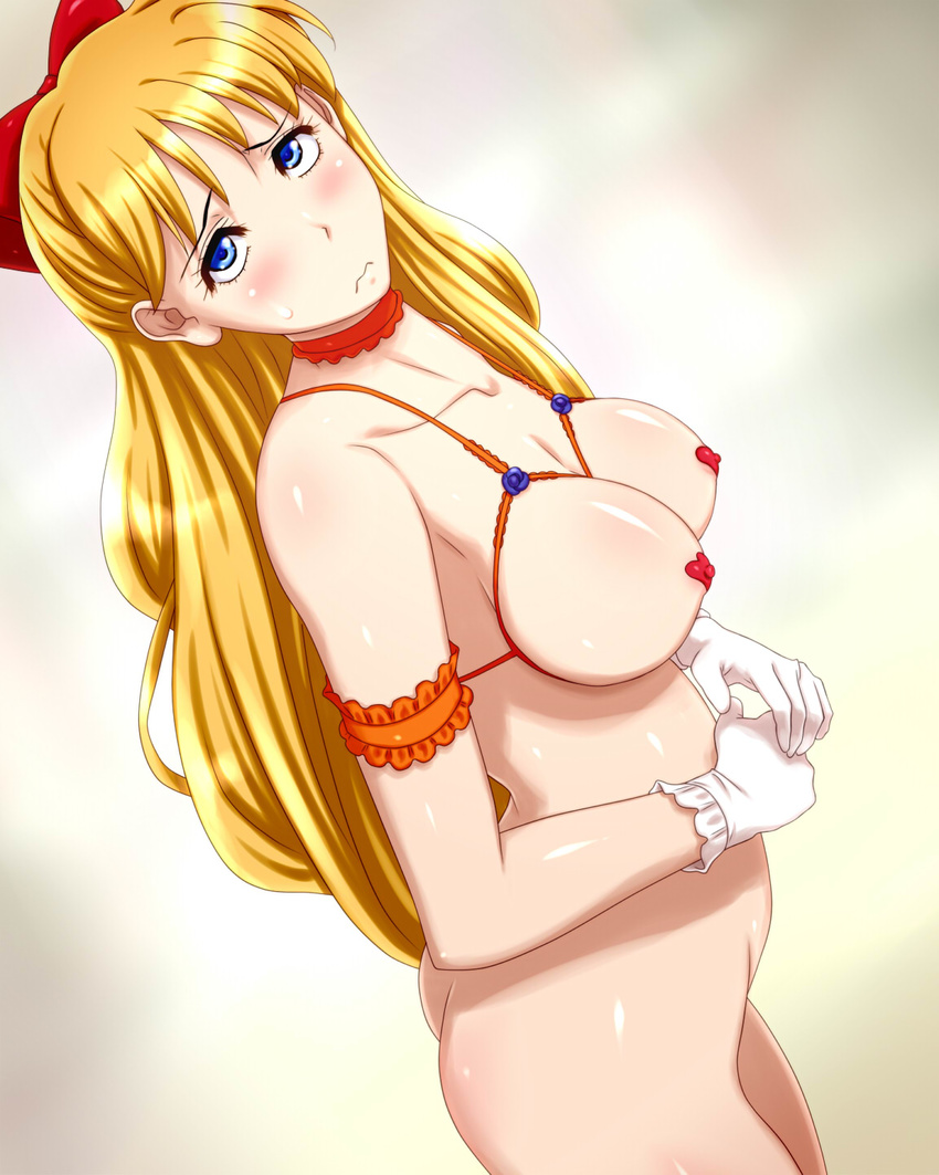286c aino_minako armband bishoujo_senshi_sailor_moon blonde_hair blue_eyes bottomless bow breastless_clothes breasts choker covered_nipples dutch_angle frown gloves hair_bow highres large_breasts long_hair nude pasties shiny shiny_skin solo white_gloves