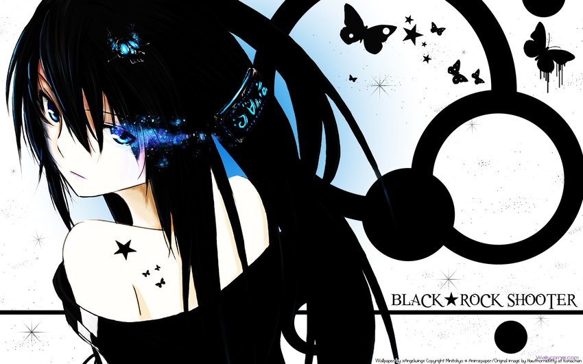 black_hair black_rock_shooter black_rock_shooter_(character) blue_eyes bug burning_eye butterfly character_name copyright_name hawthorn highres insect long_hair looking_at_viewer solo