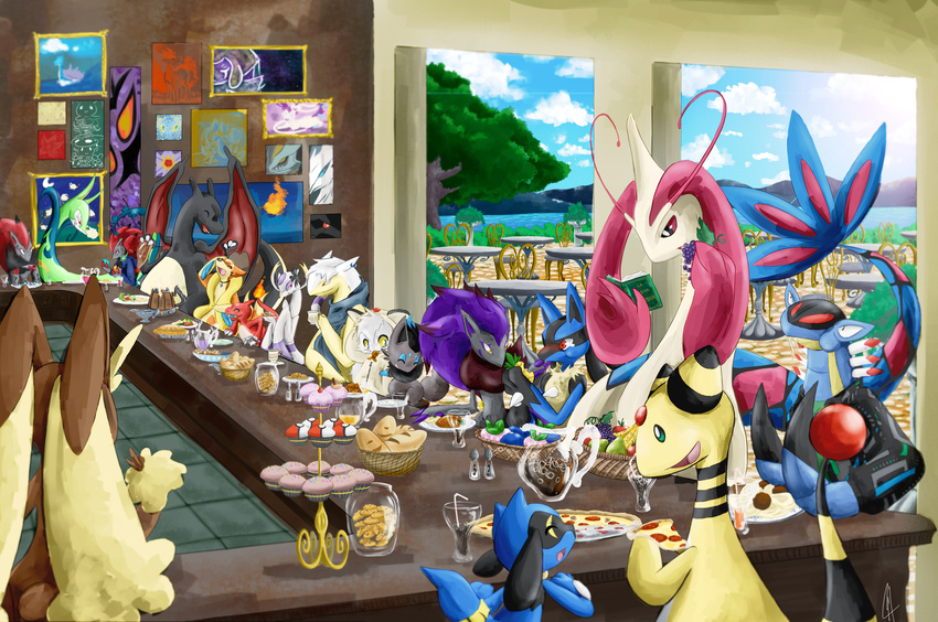 alternate_color ampharos animal armaldo berry blush bread cafe charizard charmeleon cookie cupcake eating everyone floatzel food fruit gen_1_pokemon gen_2_pokemon gen_3_pokemon gen_4_pokemon gen_5_pokemon grapes highres huge_filesize lopunny lucario meatball mienshao milotic no_humans onixtymime pasta pizza pokemon pokemon_(creature) riolu serperior shiny_pokemon spaghetti video_game zoroark zorua