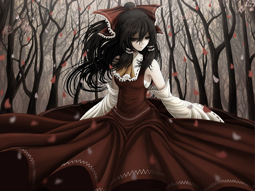 ascot bare_tree bow brown_hair cropped detached_sleeves duplicate forest hair_bow hakurei_reimu highres nature red_bow sarashi solo stainglass_(artist) touhou tree