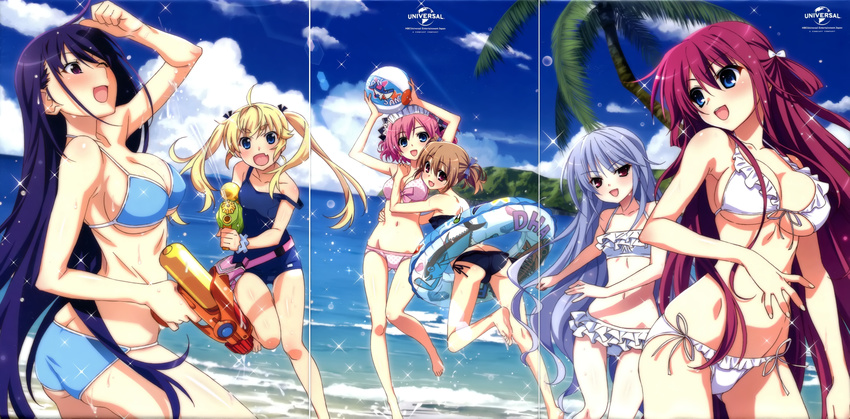 absurdres ball beach bikini blonde_hair blue_bikini blue_eyes blue_hair breasts brown_hair cleavage day front-tie_bikini front-tie_top fumio_(ura_fmo) grisaia_(series) grisaia_no_kajitsu hair_ornament highres holding holding_ball irisu_makina kazami_kazuki komine_sachi large_breasts long_hair maid_headdress matsushima_michiru medium_breasts multiple_girls navel ocean open_mouth outdoors palm_tree pink_hair purple_eyes purple_hair red_eyes sakaki_yumiko school_swimsuit side-tie_bikini sideboob small_breasts suou_amane swimsuit tree twintails underboob watanabe_akio white_bikini