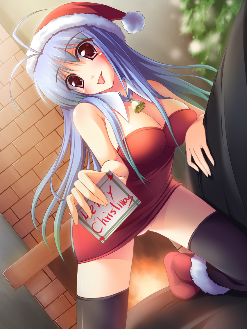 :p antenna_hair bell blue_hair breasts christmas christmas_tree cleavage dutch_angle fireplace hat head_tilt highres large_breasts long_hair massan original red_eyes santa_costume santa_hat solo thighhighs tongue tongue_out very_long_hair