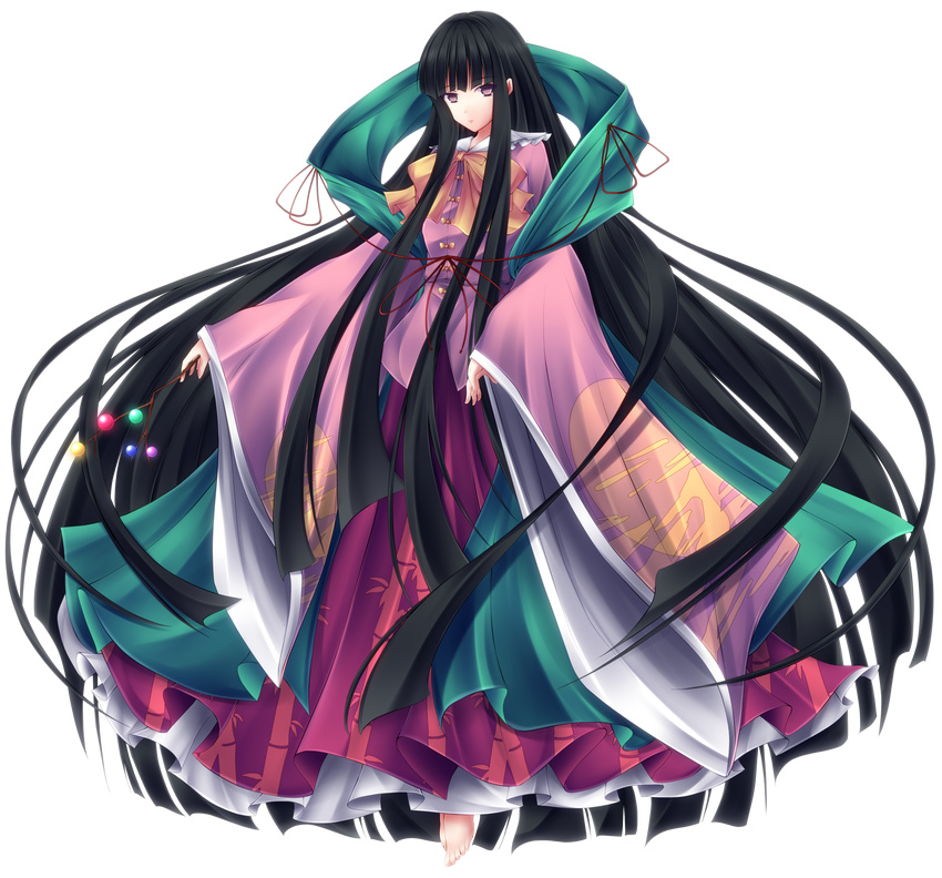 bad_id bad_pixiv_id barefoot black_hair branch expressionless floating full_body highres houraisan_kaguya japanese_clothes jeweled_branch_of_hourai long_hair mikan_(5555) ribbon shawl solo touhou transparent_background very_long_hair wide_sleeves