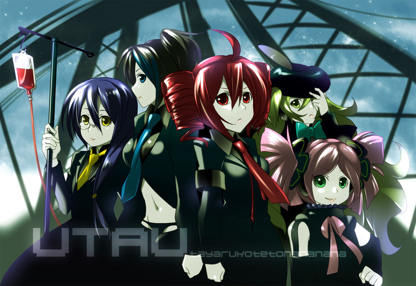 4girls black_hair blood blue_eyes blue_hair caffein drill_hair green_eyes green_hair haruka_nana hat intravenous_drip kasane_teto long_hair macloid macne_nana multiple_girls necktie short_twintails soune_taya twin_drills twintails utau very_long_hair yellow_eyes yokune_ruko