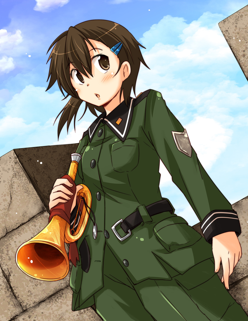 belt blush brown_eyes brown_hair bugle cloud day dutch_angle hair_ornament hairclip highres instrument military military_uniform pikachi sky solo sora_no_woto sorami_kanata uniform