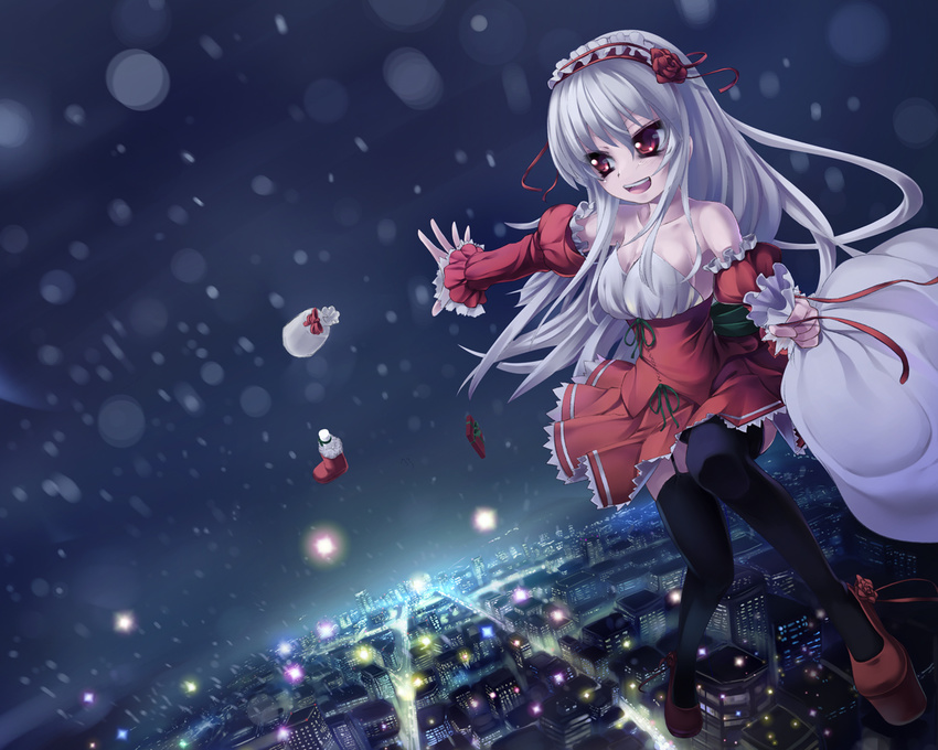 asa_(swallowtail) bangs cityscape detached_sleeves eyebrows_visible_through_hair frills garter_straps gift hair_between_eyes hairband long_hair night red_eyes rozen_maiden sack santa_costume silver_hair solo suigintou thighhighs