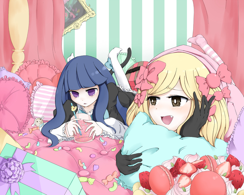 bed blonde_hair blue_hair cake candy dress food frederica_bernkastel gloves kneehighs lambdadelta lying pillow purple_eyes ribbon ribbons tail umineko_no_naku_koro_ni violet_eyes